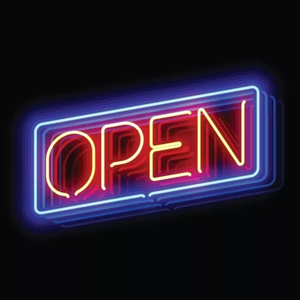 A neon open sign, red with a blue border, against a slightly reflective black surface. A neon open sign, red with a blue border, against a slightly reflective black surface.