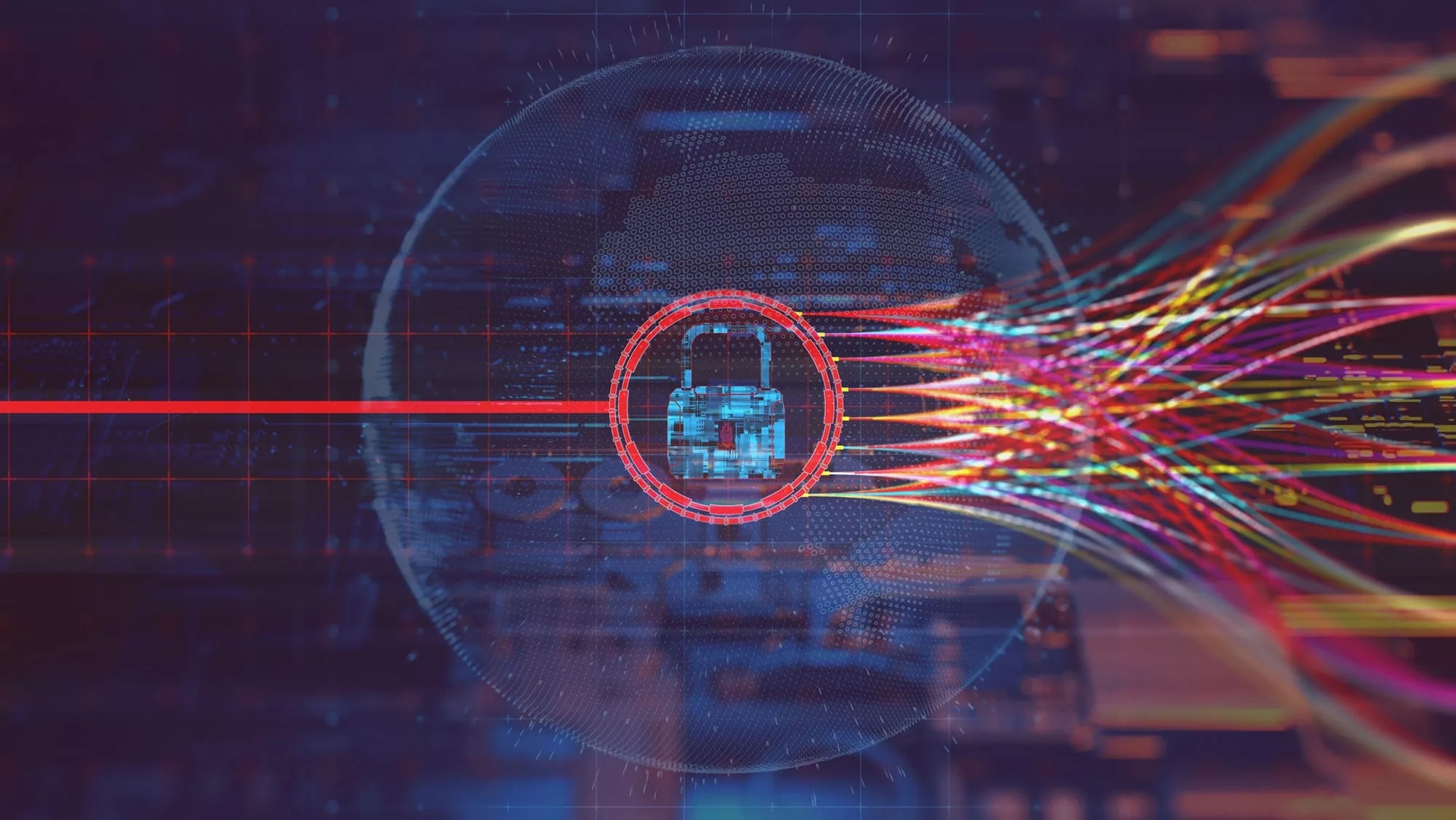 A rendering of a red line entering from the left, passing through a padlock icon, spreading into colorful lines that wind off screen to the right. The background is digital abstract. A rendering of a red line entering from the left, passing through a padlock icon, spreading into colorful lines that wind off screen to the right. The background is digital abstract.